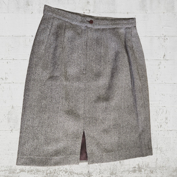 60s Vintage Brown Herringbone Wool Quiet Luxury Pencil Knee Length Skirt Size 10 - Picture 8 of 8